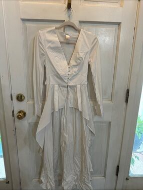 VENUS White Deep V-Neck Long Sleeve Asymmetrical Ruffle Maxi Dress